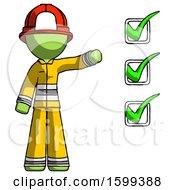Poster, Art Print Of Green Firefighter Fireman Man Standing By List Of Checkmarks