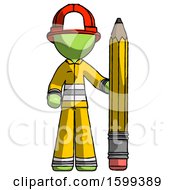 Poster, Art Print Of Green Firefighter Fireman Man With Large Pencil Standing Ready To Write