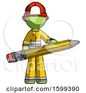 Poster, Art Print Of Green Firefighter Fireman Man Writer Or Blogger Holding Large Pencil