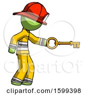 Poster, Art Print Of Green Firefighter Fireman Man With Big Key Of Gold Opening Something