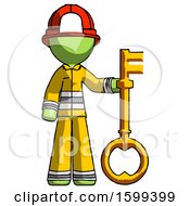 Poster, Art Print Of Green Firefighter Fireman Man Holding Key Made Of Gold