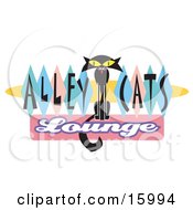 Slender Black Cat On An Alley Cats Lounge Sign