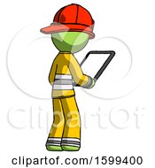 Poster, Art Print Of Green Firefighter Fireman Man Looking At Tablet Device Computer Facing Away