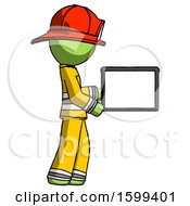 Poster, Art Print Of Green Firefighter Fireman Man Show Tablet Device Computer To Viewer Blank Area