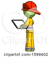 Poster, Art Print Of Green Firefighter Fireman Man Looking At Tablet Device Computer With Back To Viewer