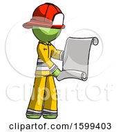 Poster, Art Print Of Green Firefighter Fireman Man Holding Blueprints Or Scroll