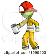 Poster, Art Print Of Green Firefighter Fireman Man Begger Holding Can Begging Or Asking For Charity Facing Left