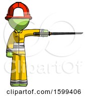 Poster, Art Print Of Green Firefighter Fireman Man Standing With Ninja Sword Katana Pointing Right