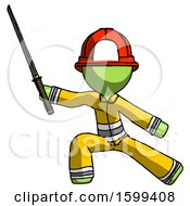Poster, Art Print Of Green Firefighter Fireman Man With Ninja Sword Katana In Defense Pose