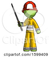 Poster, Art Print Of Green Firefighter Fireman Man Standing Up With Ninja Sword Katana