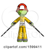 Poster, Art Print Of Green Firefighter Fireman Man Posing With Two Ninja Sword Katanas