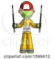 Poster, Art Print Of Green Firefighter Fireman Man Posing With Two Ninja Sword Katanas Up