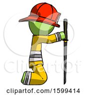 Poster, Art Print Of Green Firefighter Fireman Man Kneeling With Ninja Sword Katana Showing Respect