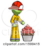Poster, Art Print Of Green Firefighter Fireman Man With Giant Cupcake Dessert