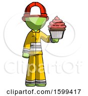 Poster, Art Print Of Green Firefighter Fireman Man Presenting Pink Cupcake To Viewer