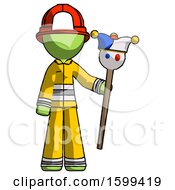 Poster, Art Print Of Green Firefighter Fireman Man Holding Jester Staff