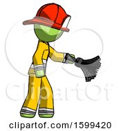Poster, Art Print Of Green Firefighter Fireman Man Dusting With Feather Duster Downwards