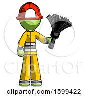 Poster, Art Print Of Green Firefighter Fireman Man Holding Feather Duster Facing Forward