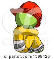 Green Firefighter Fireman Man Sitting With Head Down Back View Facing Right