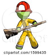 Poster, Art Print Of Green Firefighter Fireman Man Broom Fighter Defense Pose