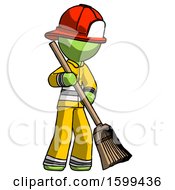 Green Firefighter Fireman Man Sweeping Area With Broom