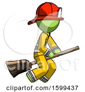 Green Firefighter Fireman Man Flying On Broom