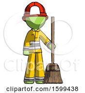 Poster, Art Print Of Green Firefighter Fireman Man Standing With Broom Cleaning Services