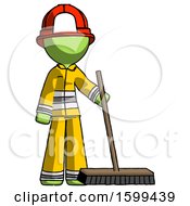 Green Firefighter Fireman Man Standing With Industrial Broom