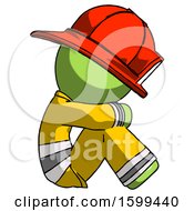 Poster, Art Print Of Green Firefighter Fireman Man Sitting With Head Down Facing Sideways Right