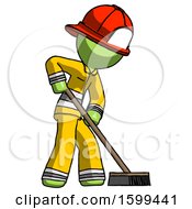 Poster, Art Print Of Green Firefighter Fireman Man Cleaning Services Janitor Sweeping Side View