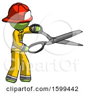 Poster, Art Print Of Green Firefighter Fireman Man Holding Giant Scissors Cutting Out Something