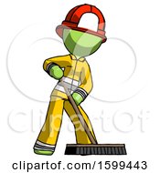 Poster, Art Print Of Green Firefighter Fireman Man Cleaning Services Janitor Sweeping Floor With Push Broom