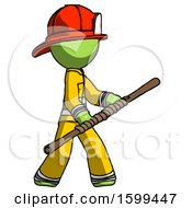 Green Firefighter Fireman Man Holding Bo Staff In Sideways Defense Pose