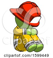 Poster, Art Print Of Green Firefighter Fireman Man Sitting With Head Down Facing Angle Right