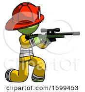 Poster, Art Print Of Green Firefighter Fireman Man Kneeling Shooting Sniper Rifle