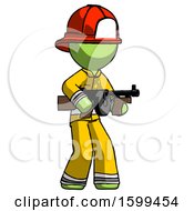 Poster, Art Print Of Green Firefighter Fireman Man Tommy Gun Gangster Shooting Pose