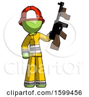 Poster, Art Print Of Green Firefighter Fireman Man Holding Tommygun