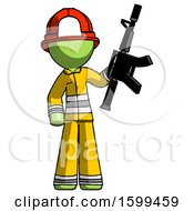 Poster, Art Print Of Green Firefighter Fireman Man Holding Automatic Gun