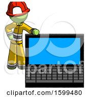 Poster, Art Print Of Green Firefighter Fireman Man Beside Large Laptop Computer Leaning Against It