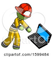 Poster, Art Print Of Green Firefighter Fireman Man Throwing Laptop Computer In Frustration