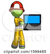 Poster, Art Print Of Green Firefighter Fireman Man Holding Laptop Computer Presenting Something On Screen
