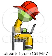 Poster, Art Print Of Green Firefighter Fireman Man Using Laptop Computer While Sitting In Chair View From Side