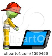 Poster, Art Print Of Green Firefighter Fireman Man Using Large Laptop Computer Side Orthographic View