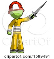 Poster, Art Print Of Green Firefighter Fireman Man Holding Sword In The Air Victoriously