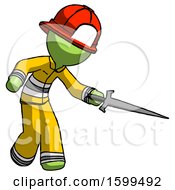 Poster, Art Print Of Green Firefighter Fireman Man Sword Pose Stabbing Or Jabbing