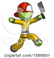 Poster, Art Print Of Green Firefighter Fireman Man Psycho Running With Meat Cleaver