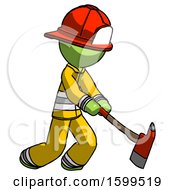 Poster, Art Print Of Green Firefighter Fireman Man Striking With A Red Firefighters Ax
