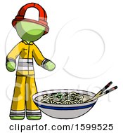 Poster, Art Print Of Green Firefighter Fireman Man And Noodle Bowl Giant Soup Restaraunt Concept