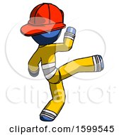 Poster, Art Print Of Blue Firefighter Fireman Man Kick Pose