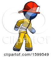 Poster, Art Print Of Blue Firefighter Fireman Man Suspense Action Pose Facing Right